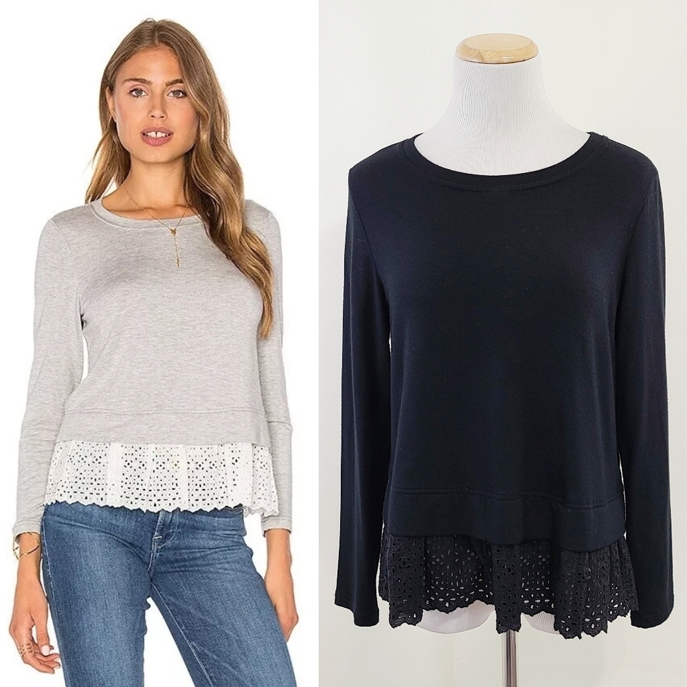 Rebecca Taylor Lace Terry Top Black Long Sleeve layered hem size large